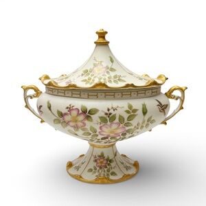 Vintage Ardalt Lenwile Floral Porcelain Gilt Pagoda Lidded Urn Centerpiece Dish